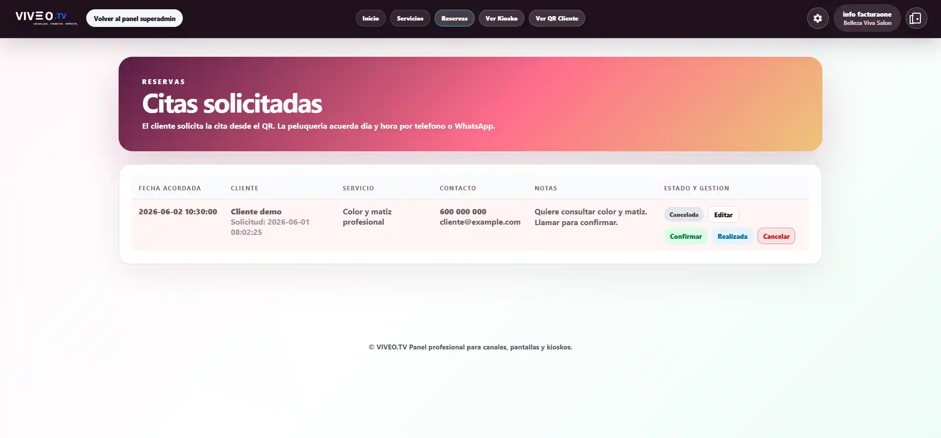 Panel de citas solicitadas desde el QR en VIVEOTV