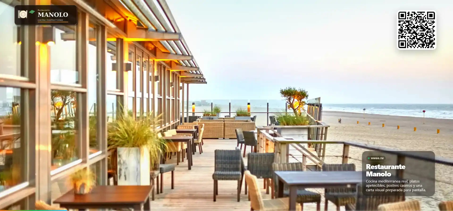 Restaurante con terraza junto al mar en pantalla VIVEOTV