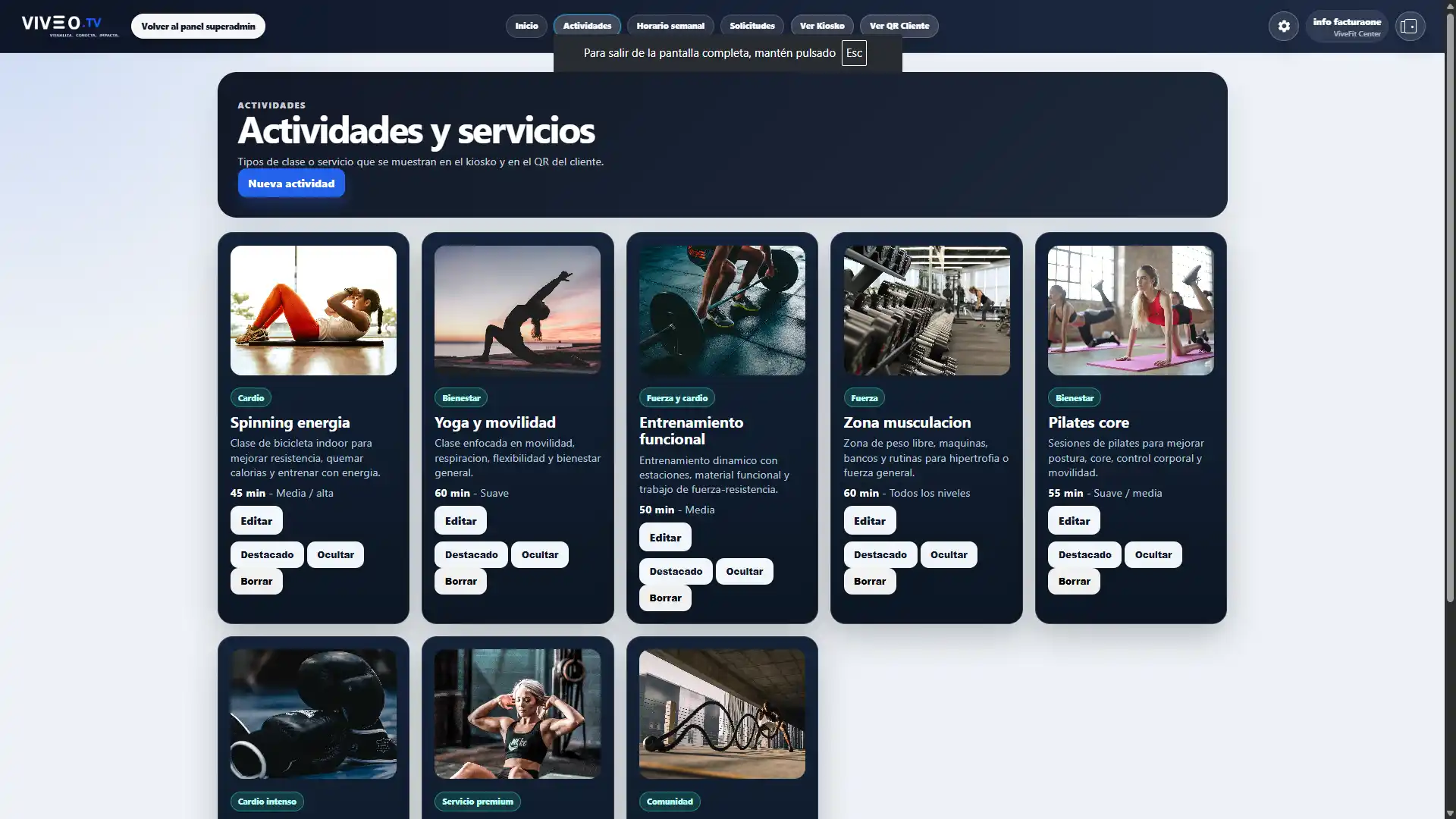 Panel VIVEOTV con actividades y servicios fitness