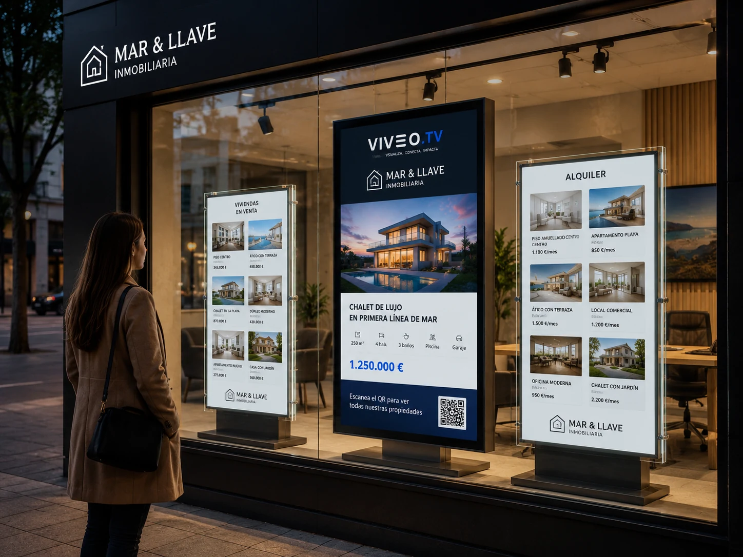Inmobiliaria con expositores digitales VIVEOTV en el escaparate