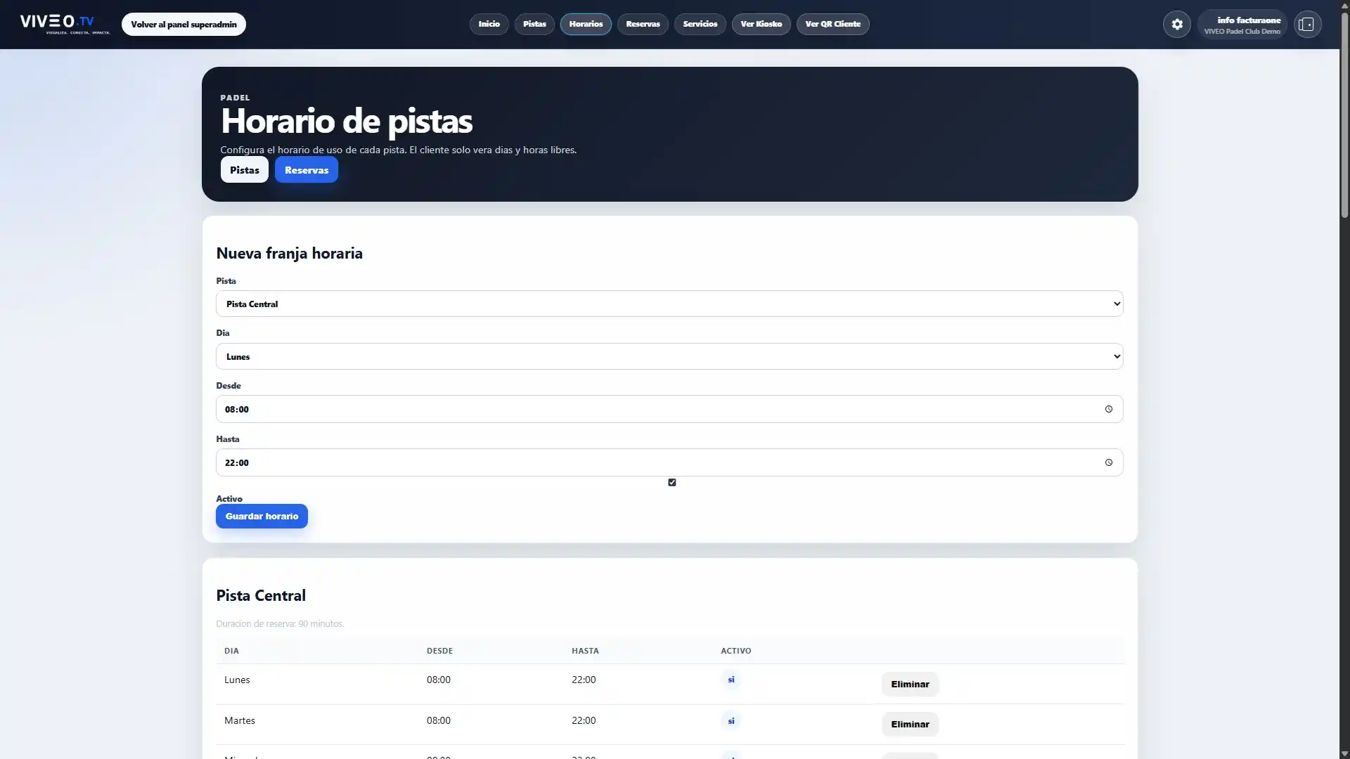 Panel de horarios de pistas en VIVEOTV padel