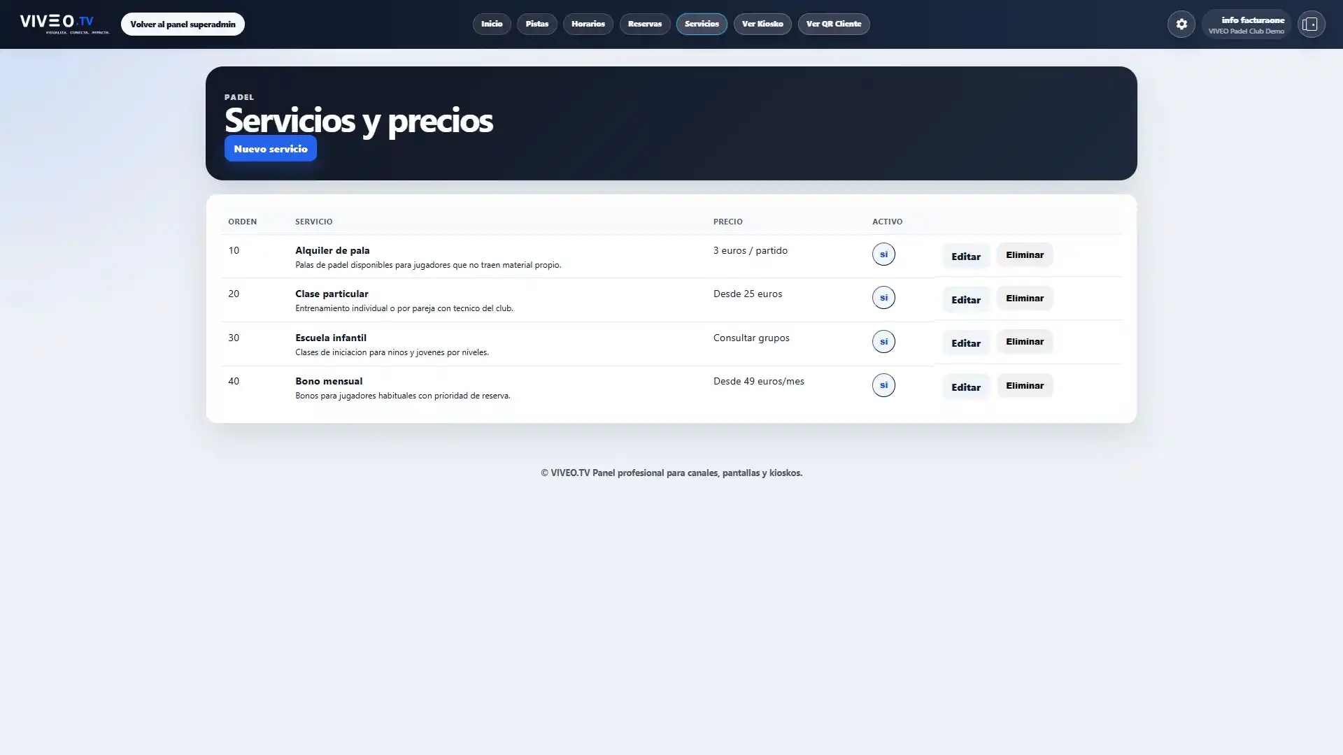 Panel VIVEOTV con servicios y precios de padel
