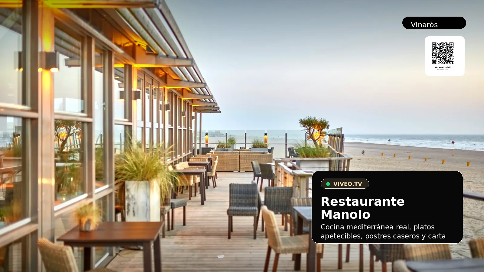 Pantalla VIVEOTV para restaurante con portada visual y QR
