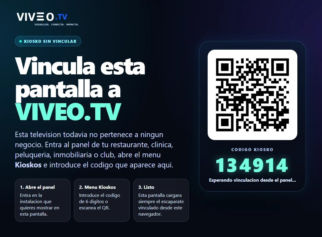 Pantalla VIVEOTV mostrando QR y código para vincular una television al panel del negocio